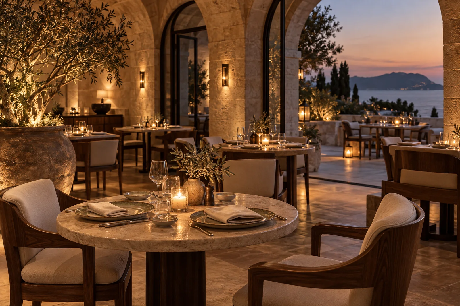 Candlelit tables beneath warm limestone arches