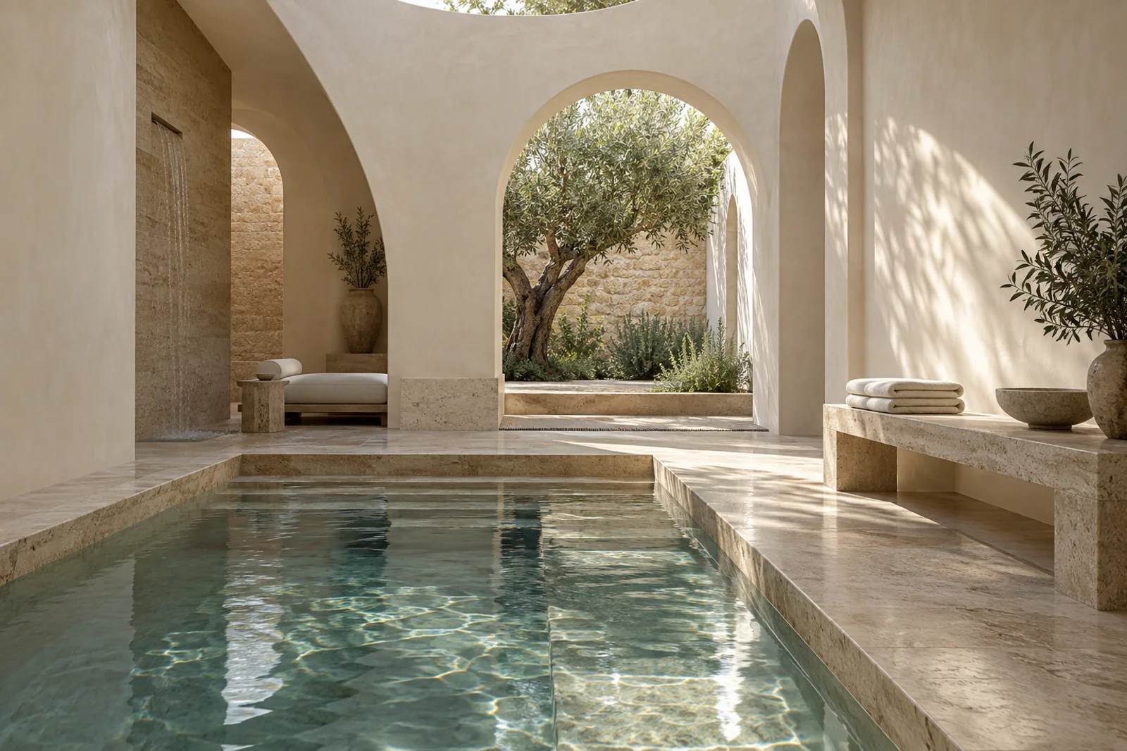 A serene pool beneath sculptural arches